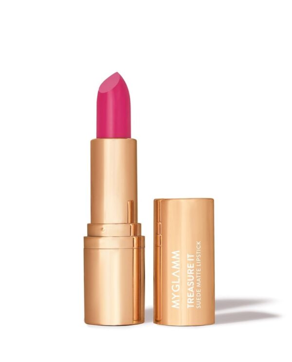 MyGlamm Treasure IT Suede Matte Lipstick - First Crush (Pink Shade) | Long Lasting, Non Drying Bullet Lipstick With Vitamin E (4.2g) - Fast Shipping to USA & Canada