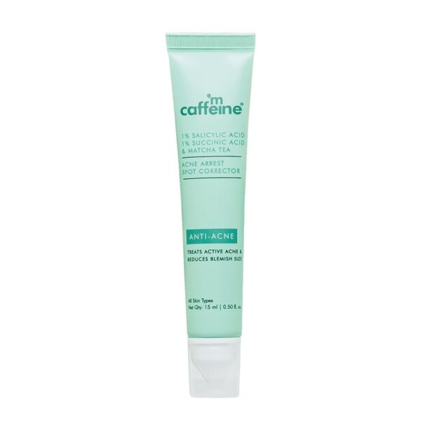 mCaffeine 1% Salicylic Acid Acne Arrest Spot Corrector with 1% Succinic Acid & Matcha Tea | Anti Acne Gel for Active Acne & Acne Scars | Reduces Acne Size & Redness | Soothing & Non-Drying for both Women and Men - 15 ml - Fast Shipping to USA & Canada