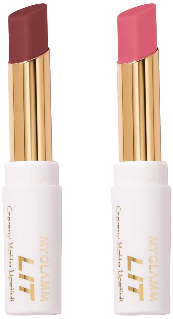 MyGlamm LIT Creamy Matte Lipstick-Tequila Sunrise (Pink)- 3.7gm & MyGlamm LIT Creamy Matte Lipstick-Purple Martini (Brown)- 3.7gm - Fast Shipping to USA & Canada