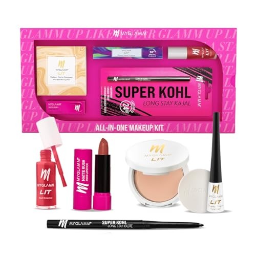 MyGlamm All in One Makeup Kit (Pack of 5) | Full Makeup Set For Women with Black Kohl Kajal, Compact Powder, Mini Matte Lipstick, Glossy Liquid Eyeliner & Nail Polish | Perfect Makeup Gift Set - Fast Shipping to USA & Canada