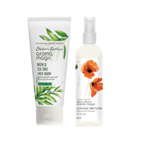 Aroma Magic Combo | Neem and Tea Tree Face Wash (Niacinamide) + Aromatic Skin Toner | Oily Skin | 100ml Each | Pack Of 2 - Fast Shipping to USA & Canada