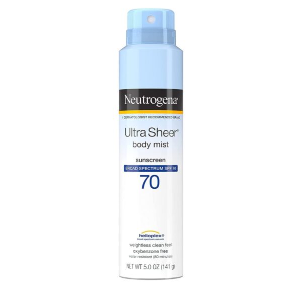 Neutrogena Ultra Sheer Body Mist Sunscreen Spray Broad Spectrum SPF 70, Lightweight, Non-Greasy & Water Resistant, Oil-Free & Non-Comedogenic UVA/UVB Sunscreen Mist, 5 oz - Fast Shipping to USA & Canada