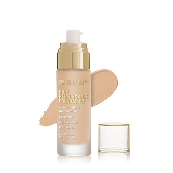 Swiss Beauty High Performance Foundation | Water-Resistant | Medium to Buildable Coverage | Lightweight | Easy to Blend | With Vitamin C & Niacinamide | Natural Nude, 55g - Fast Shipping to USA & Canada