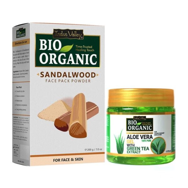 INDUS VALLEY Bio Organic Non-Toxic Aloe Vera Gel & Sandalwood for Acne, Scars, Glowing & Radiant Skin Treatment (175ml + 200g) - Fast Shipping to USA & Canada
