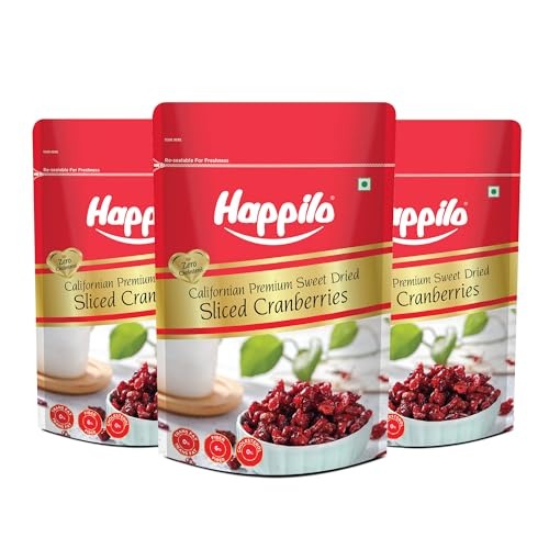 Happilo Californian Premium Sweet Dried Sliced Cranberries 200g (Pack Of 3), Rich in Antioxidants and Vitamins, Natural Tangy Sweet Flavor Dried Fruit - Fast Shipping to USA & Canada