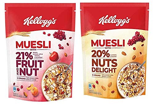 Kellogg's Combo, Kellogg's Muesli with 21% Fruit and Nut Pouch, 500 g and Kellogg's Muesli with 20% Nuts Delight Pouch, 750 g - Fast Shipping to USA & Canada
