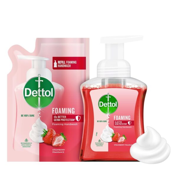 Dettol Foaming Handwash Pump + Refill Combo, Strawberry (250ml + 200ml) Rich Foam Moisturizing Hand Wash Soft on Hands - Fast Shipping to USA & Canada