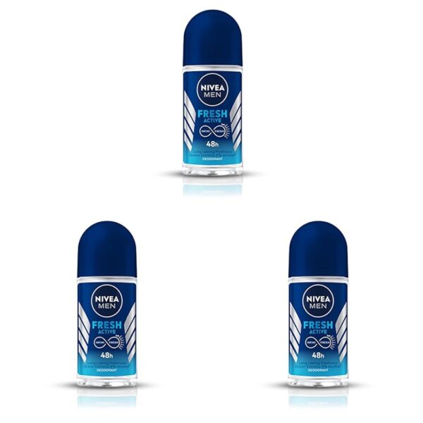 NIVEA MEN Fresh Active 50ml Deo Roll On | With Fresh Ocean Extracts| 72 H Freshness| 0% Alcohol | Dermatologically Approved & Paraben Free Formula (Pack of 3) - Fast Shipping to USA & Canada