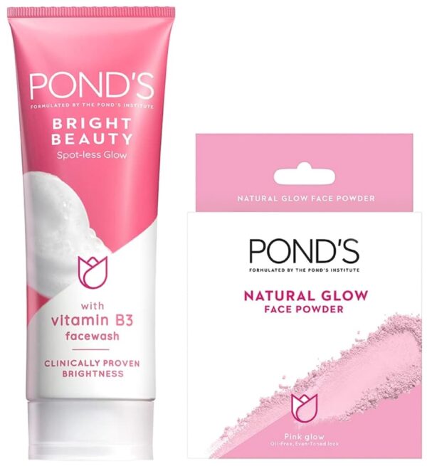 POND'S Bright Beauty Spot-less Glow Face Wash With Vitamins, Removes Dead Skin Cells & Dark Spots, Double Brightness Action, All Skin Types, 100g & Pond's Natural Glow Face Powder, Pink Glow - 30G - Fast Shipping to USA & Canada