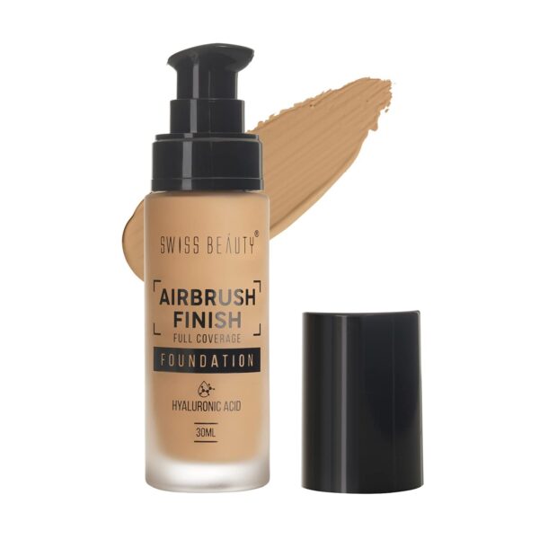 Swiss Beauty Airbrush Finish Lightweight Foundation | Full Coverage Blendable Foundation For Face Makeup |With Benefits Of Hyaluronic Acid, Aloevera And Vitamin E | 30Ml | Shade- Golden Beige - Fast Shipping to USA & Canada