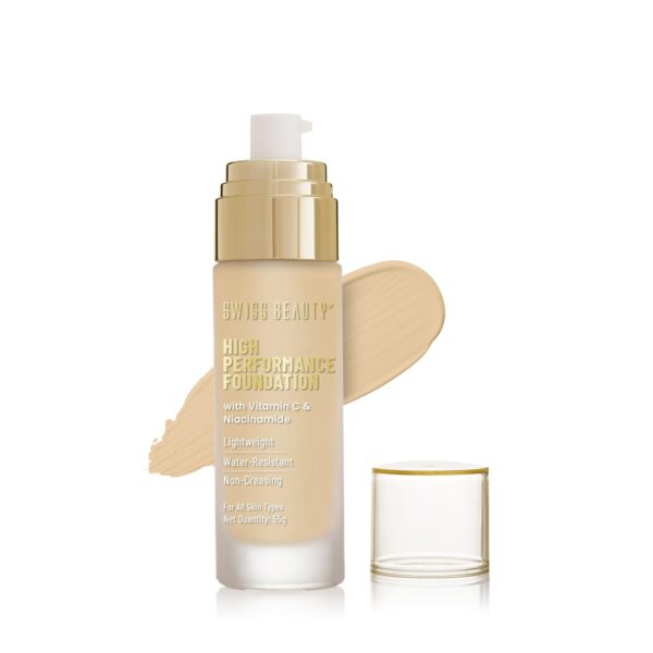 SWISS BEAUTY High Performance Foundation | Water-Resistant | Medium To Buildable Coverage | Lightweight | Easy To Blend | With Vitamin C & Niacinamide | Medium Beige, 55G - Dewy, Liquid - Fast Shipping to USA & Canada