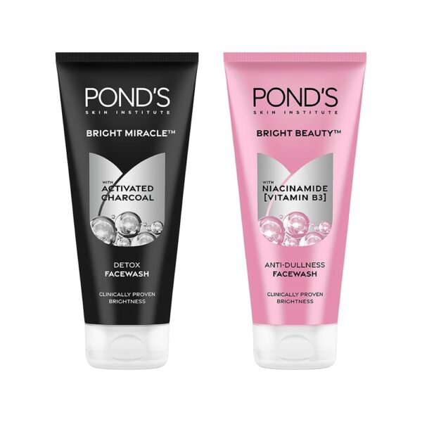 POND'S Bright Beauty Anti-Dullness Facewash with Vitamin B3, 200gm + Ponds Bright Miracle Detox Facewash with 10X Power of Charcoal, 200gm - Fast Shipping to USA & Canada