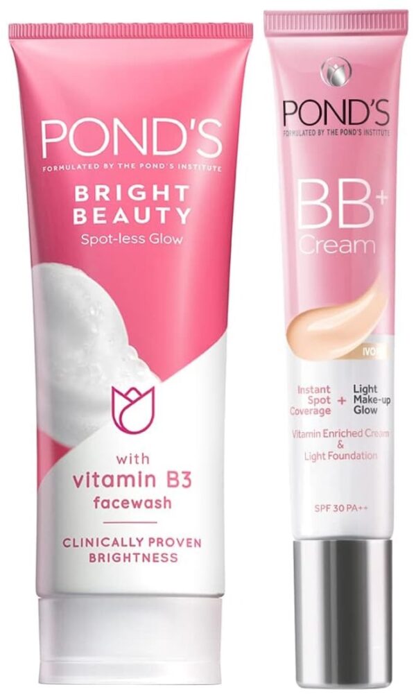POND'S Bright Beauty Spot-Less Glow Face Wash, 100G & Bb+ Natural Cream For All Skin Types, Instant Spot Coverage + Light Make Up Glow, Light, 18 G - Fast Shipping to USA & Canada