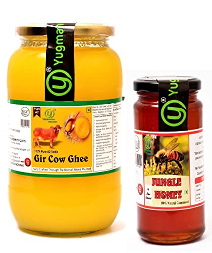 Yugmantra Organic Foods Pure Natural A2 Milk Shudh Desi Gir Cow's Ghee from Pure Bilona me0thod -1000 Ml + Free Raw Honey 350 GMS Combo Set