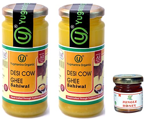 Yugmantra Organic Foods 100 % Pure Natural A2 Milk Sahiwal Cow's Grass-Fed Desi Ghee Prepared Curd by Traditional Bilona Padati (Method)Immunity Superfood - in Glass Bottle ( 250 mlx 2 =500 ml ) with Free 55 Gm Raw Honey