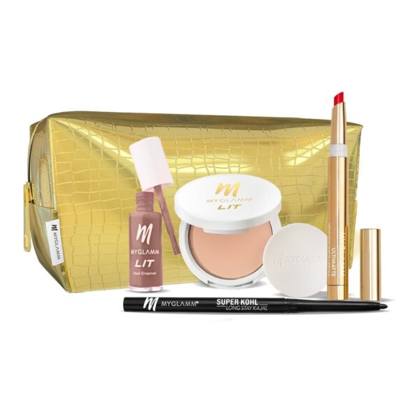 MyGlamm As Glamm As It Gets Makeup Pouch Kit (Pack of 4) | Full Makeup Set with Black Kohl Kajal, Compact Powder, Long Lasting Matte Lipstick & Nail Polish | Perfect Makeup Gift Set For Women - Fast Shipping to USA & Canada