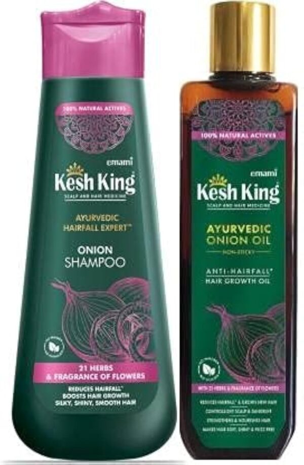 Kesh King Ayurvedic Onion Shampoo with 21 Herbs, Reduces Hairfall & Boost Hair Growth, 300ml And Ayurvedic Onion Oil 100ml - Fast Shipping to USA & Canada