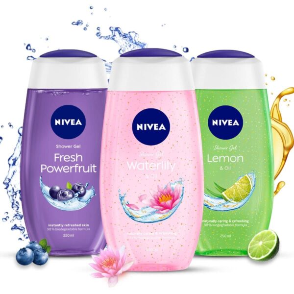 NIVEA Shower Gel, Lemon & Oil Body Wash, Women, 250ml And NIVEA Shower Gel, Power Fruit Fresh Body Wash, 250ml And NIVEA Shower Gel, Water Lily & Oil Body Wash, Women, 250ml - Fast Shipping to USA & Canada