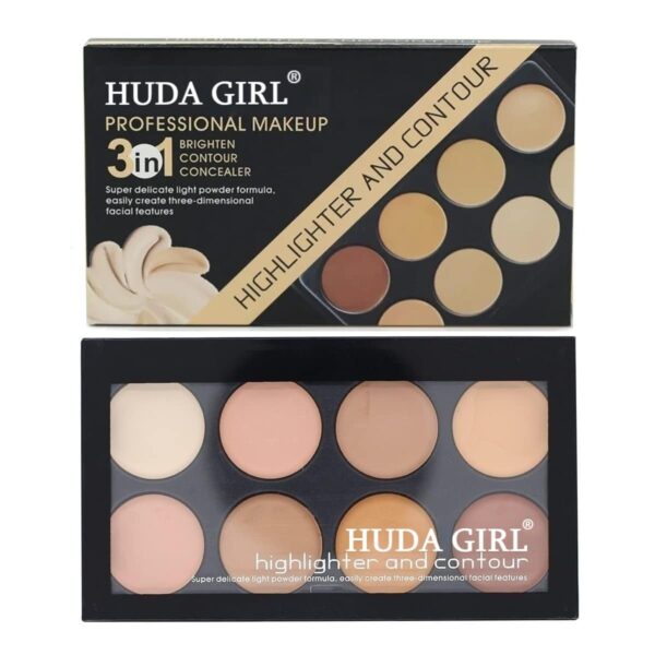 HUDA GIRL Beauty Professional Multi-Purpose Beauty Highlighter Contour and Concealer Palette | Face and Body Makeup | 8 Shades | Color Corrector - Fast Shipping to USA & Canada