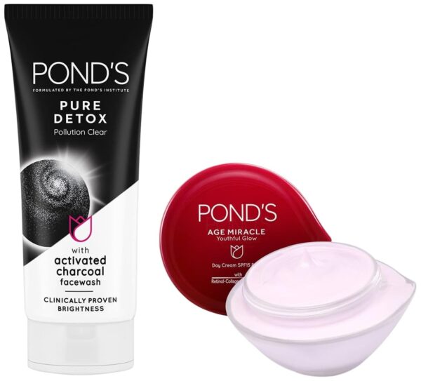 Pond's Pure White Anti Pollution With Activated Charcoal Facewash, 100g And POND'S Age Miracle Wrinkle Corrector SPF 18 PA++ Day Cream 35 g - Fast Shipping to USA & Canada