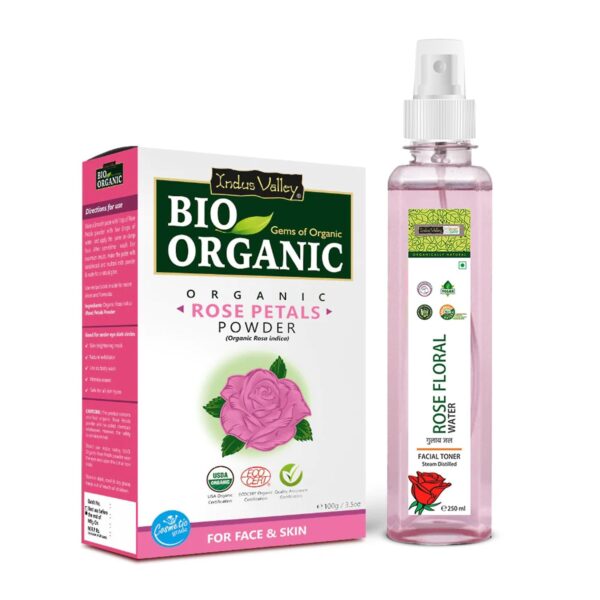 INDUS VALLEY Organic Rose Petals Powder | Rosa indica with Fresh Rose Water (Facial Toner) - For Skin Care 250ml+ 100g