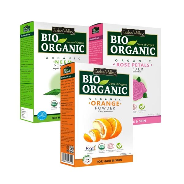 INDUS VALLEY BIO Organic Rose Petals | Rosa indica, Orange Peel Powder | Citrus aurantium & Neem Natural Powder | Organic Azadirachta indica For Skin Care - (100x3 = 300g) - Fast Shipping to USA & Canada