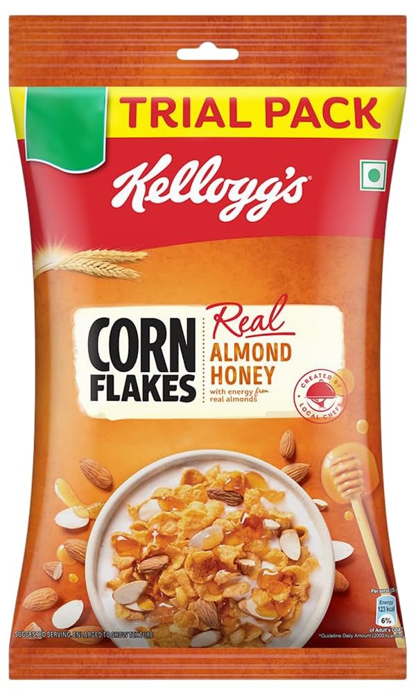 Kellogg's Corn Flakes Real Almond Honey | Breakfast Cereals | High in Vitamin B1, B2, B3, B6 & C| High in Iron | Naturally Cholesterol Free | 168gm/170gm/180gm (weight may vary) - Fast Shipping to USA & Canada