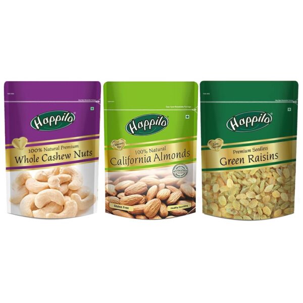 Happilo Premium Nuts & Dryfruit Combo 650g (Almond 200g, Cashews 200g & Raisin 250g) - Fast Shipping to USA & Canada