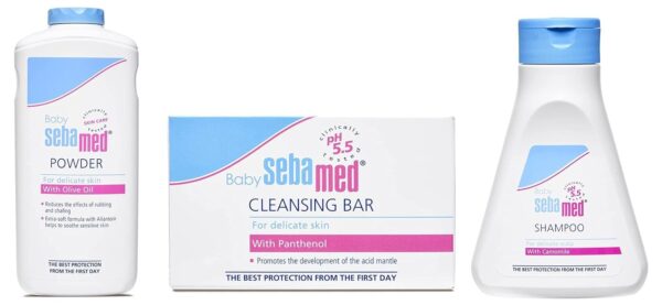Sebamed Baby Powder, 200g & Baby Cleansing Bar - 100 g & Baby (Children) Shampoo 150ml Combo - Fast Shipping to USA & Canada