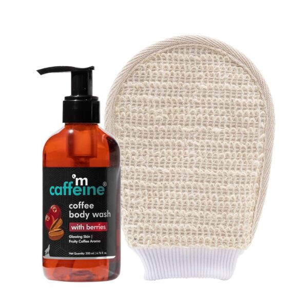 mCaffeine Coffee Body Wash & Bath Glove Combo for Exfoliation & Tan Removal | Energizing Berry Fragrance Shower Gel & Loofah Glove Combo For All Skin Types | Pack of 2 - Fast Shipping to USA & Canada