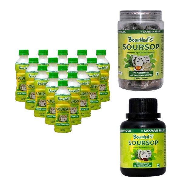 BourNeel's® Soursop Month Therapy Pack of 3 Contains Soursop Fruit Juice (15 Bottles) + 1 Soursop Capsules ( 60 Cap ) + Soursop Dry Leaves (250 Loose Leaves)| Soursop Graviola Laxman Phal Fruit | High Vitamin C |