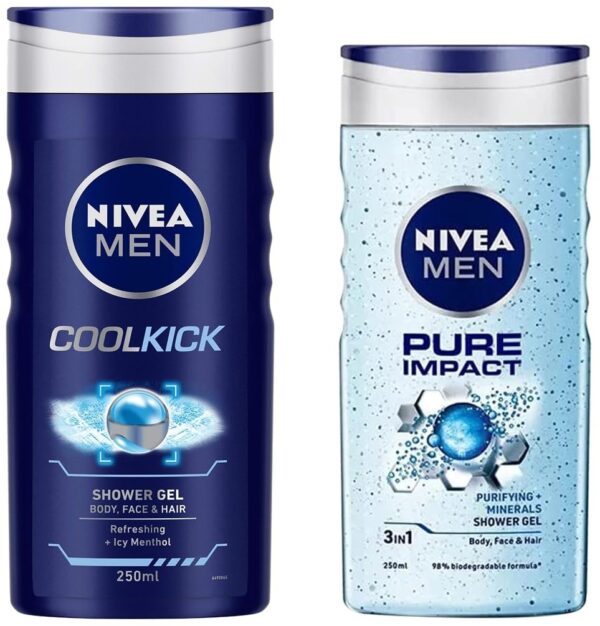 Nivea Men Shower Gel, Pure Impact Body Wash, 250ml & Men Shower Gel, Cool Kick Body Wash, 250ml - Fast Shipping to USA & Canada
