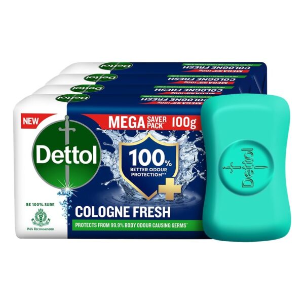Dettol Cologne Fresh Bathing Soap Bar with 100% better odour protection- 100g Pack of 4, (400gm) - Fast Shipping to USA & Canada
