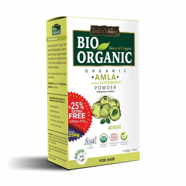 INDUS VALLEY 100% Bio Organic Amla Powder | Indian Gooseberry Powder | Phyllanthus emblica | Natural and Fresh For Healthy Hair - (200gm+50gm) - Fast Shipping to USA & Canada