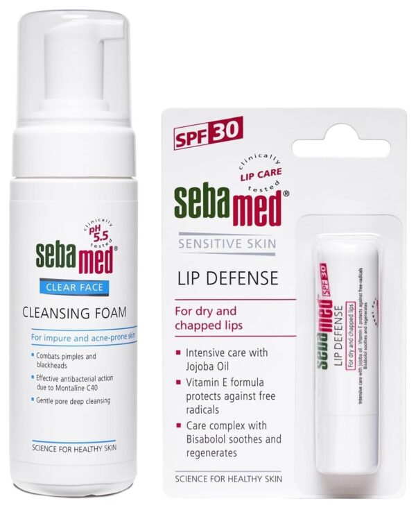 SebaMed SPF 30 Lip Defense Stick, 4.8G And Clear Face Cleansing Foam, 150Ml, Dry Skin - Fast Shipping to USA & Canada