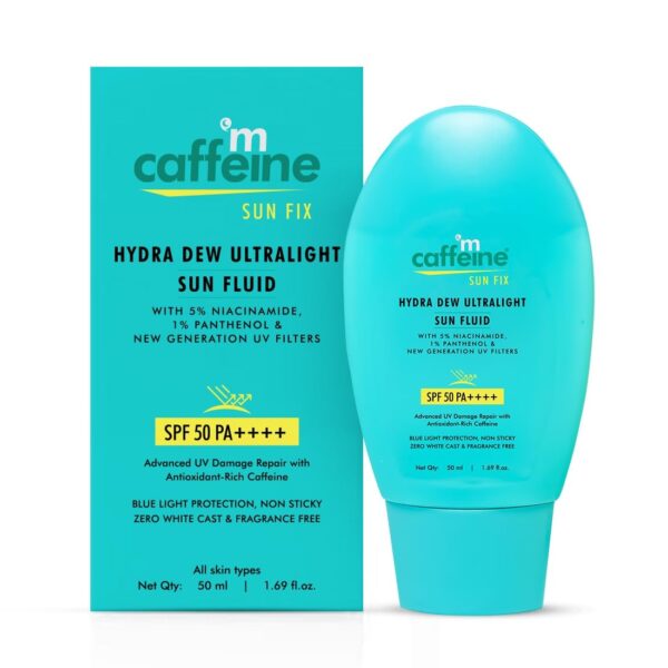 mCaffeine Hydra Dew Ultralight Sun Fluid SPF50 PA++++ UVA/UVB Blue Light Protection|Water Like Glow Texture|Lightweight, Non-Sticky, Quick Absorbing|No White Cast|All Skin Types|For Men/Women - 50ml - Fast Shipping to USA & Canada