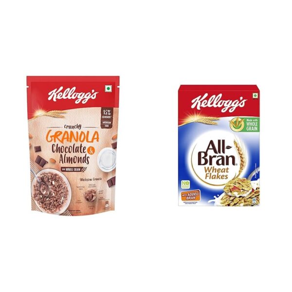 Kellogg's Crunchy Granola Chocolate & Almonds, Cereals, Multigrain Flakes 450g + All Bran Wheat Flakes, Protein, Fibre, Iron, vitamin B1,B2,B3 and B6, Low Fat, B12 and Folate Cholesterol Free 425g