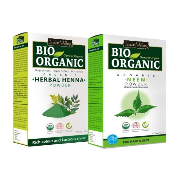 INDUS VALLEY Neem Leaf Powder | Organic Azadirachta indica With Herbal Henna Powder - 100% Organic, Natural and Pure For Hair and Skin Care (100g + 100g=200g) - Fast Shipping to USA & Canada