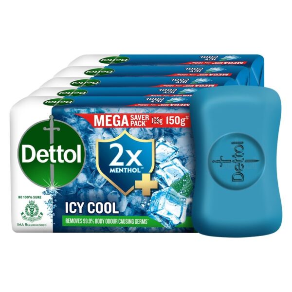 Dettol Icy Cool Bathing Soap Bar With 2x Menthol (750gm), 150gm - Pack of 5 - Fast Shipping to USA & Canada