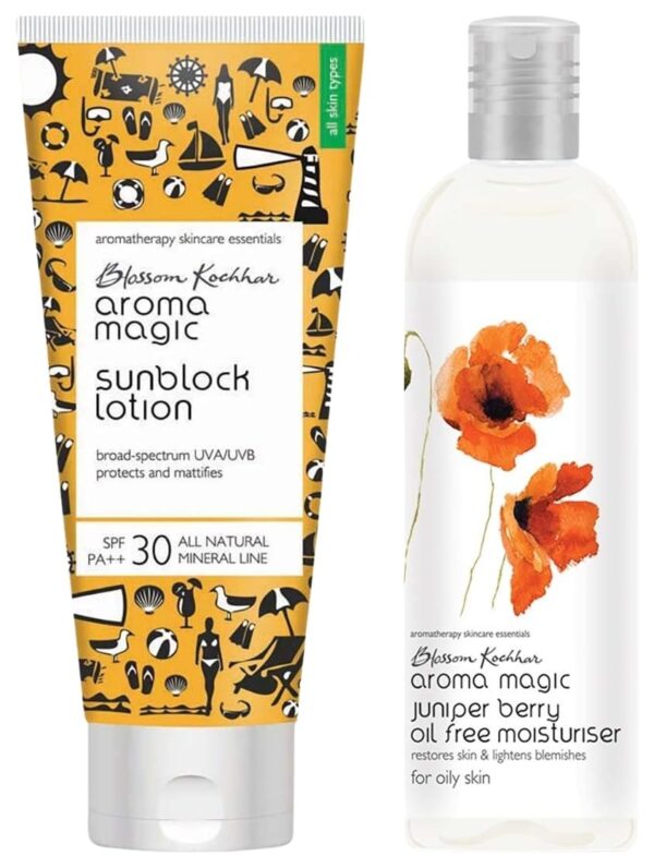 Aroma Magic Sunscreen Sun Block Lotion, SPF 30, 50ml and Aroma Magic Juniper Berry Oil Free Moisturiser 200 ml - Fast Shipping to USA & Canada