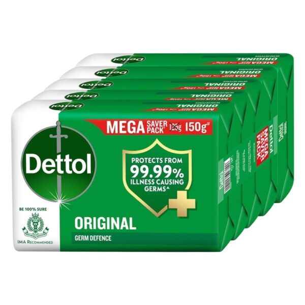 Dettol Original Germ Protection Bathing Soap Bar (750gm) | Kills 99.99% germs, 150 - Pack of 5 (packaging may vary) - Fast Shipping to USA & Canada