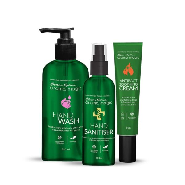 Aroma Magic Hygiene Combo | Hand Wash - 250 ml + Hand Sanitiser- 100 ml + Anti Bact Soothing Cream - 25 gm | Pack of 3 - Fast Shipping to USA & Canada