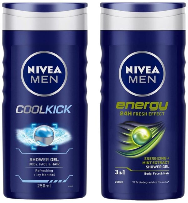 Nivea Men Shower Gel, Cool Kick Body Wash, 250ml & Men Shower Gel, Energy Body Wash, 250ml - Fast Shipping to USA & Canada