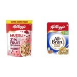 Kellogg's Muesli 21% Fruit & Nut,750g + All Bran Wheat Flakes, High in Protein & vitamin B1,B2,B3 and B6, Low Fat, Source of Vitamin B12 and Folate,425g High in Iron, Fibre, Naturally Cholesterol Free - Fast Shipping to USA & Canada