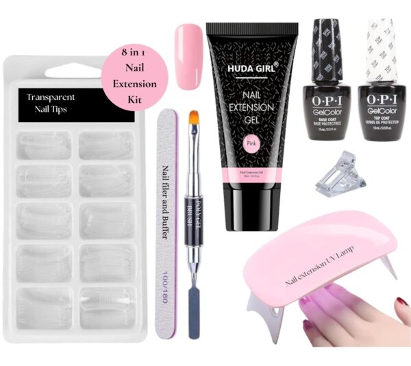 HUDA GIRL Nail Art Kit for Women, 8in1 Nails Extension Kit, Polygel Nail Kit with Pink Nail Builder Gel, Nail Clip, Poly Nail Brush, UV Light for Nails, Nail Tips, Nail Buffer, Top & Base Coat Polish - Fast Shipping to USA & Canada