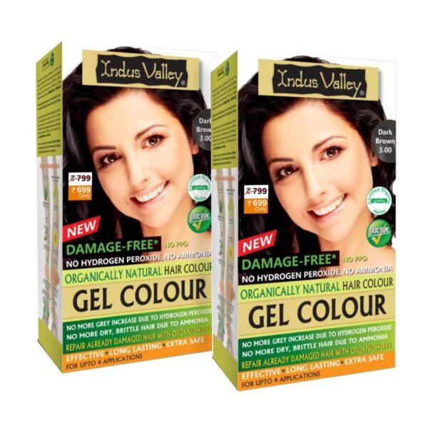 INDUS VALLEY Damage Free Natural Gel Hair Colour for Women | Ammonia & PPD Free Organic Hair Colour with 100% Grey Coverage, Long Lasting Conditioning Hair Color | Dark Brown 3.00 - Pack of 2 (2x220 = 400 ml) - Fast Shipping to USA & Canada