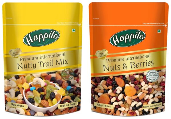 Happilo Premium International Nuts and Berries, 200g + Happilo Premium International Trail Mix, 200g - Fast Shipping to USA & Canada