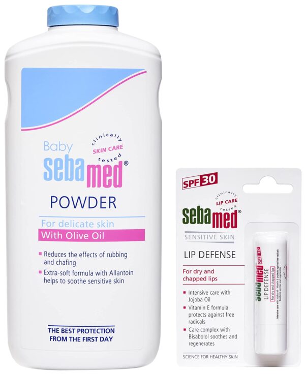 Sebamed Baby Powder, 200g & SebaMed SPF 30 Lip Defense Stick, 4.8g - Fast Shipping to USA & Canada