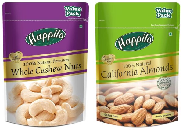 Happilo 100% Natural Premium Whole Cashew 500g Value Pack & Happilo 100% Natural Premium California Dried Almonds 500g Pack Pouch - Fast Shipping to USA & Canada