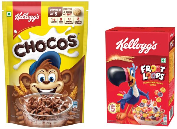 Kellogg's Chocos, with Protein & Fibre of 1 Roti* in each bowl*, Breakfast Cereals, 385g Pack & New Kellogg?s Froot Loops, Crunchy Multigrain Breakfast Cereal, Mixed Fruit Flavor, 285g Pack - Fast Shipping to USA & Canada